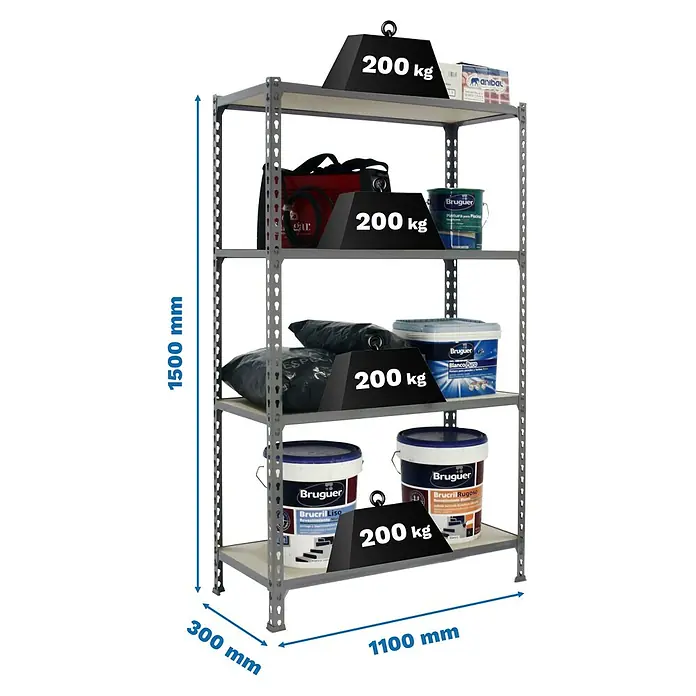 Simonrack Maderclick Metallregal Maderclick SuperPlus - H x B x T: 150 x 110 x 30 cm, Traglast pro Boden: 200 kg, Anzahl Böden: 4 Stk., Stecken, Grau - Abbildung eines Regals mit vier Fächern, beladen mit verschiedenen Gegenständen und Gewichtsangaben.