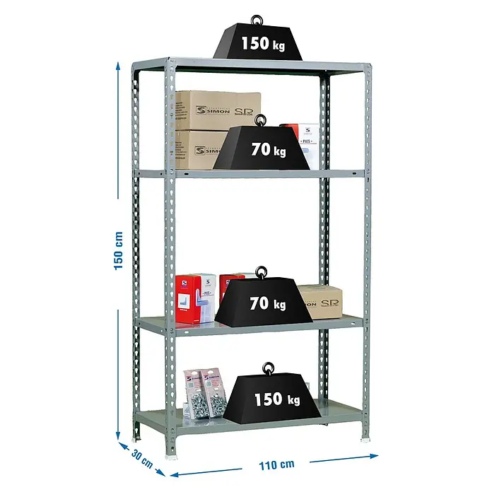 Simonrack Simonclick Estantería metálica Ecoclick Superplus - Al x An x Pr: 150 x 110 x 30 cm, Capacidad de carga por balda: 70 kg, Número de baldas: 4 ud., Inserción, Gris - Estantería metálica gris, 150x110x30 cm, con cuatro baldas y ejemplos de carga (150kg, 70kg).