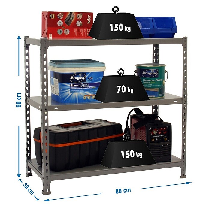 Simonrack Simonclick Metallregal (L x B x H: 30 x 80 x 90 cm, Traglast: 70 kg/Boden, Anzahl Böden: 3 Stk., Grau)