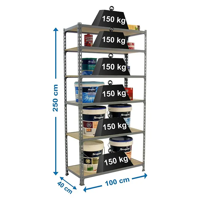 Simonrack Maderclick Metallregal Maderclick Plus - H x B x T: 250 x 100 x 40 cm, Traglast pro Boden: 150 kg, Anzahl Böden: 6 Stk., Stecken, Grau - Abbildung eines Metallregals mit Farbdosen und Gewichten, Größenangaben (250 cm Höhe, 40 cm und 100 cm Tiefe) sind angegeben.