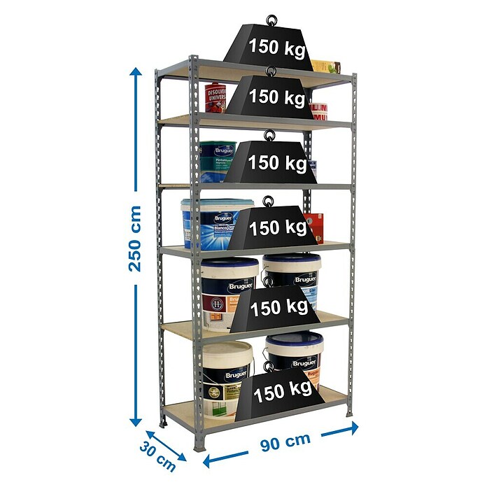 Simonrack Simonclick Metallregal (L x B x H: 30 x 90 x 250 cm, Traglast: 150 kg/Boden, Anzahl Böden: 6 Stk., Grau)