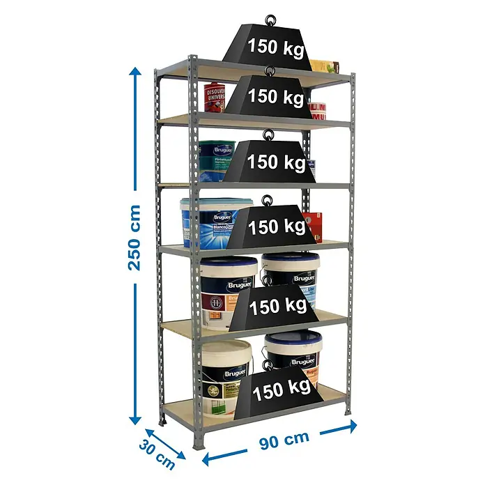 Simonrack Maderclick Metallregal Maderclick - H x B x T: 250 x 90 x 30 cm, Traglast pro Boden: 150 kg, Anzahl Böden: 6 Stk., Stecken, Grau - Abbildung eines Schwerlastregals mit Farbdosen und Gewichten, das seine Belastbarkeit von 150 kg pro Ebene demonstriert.