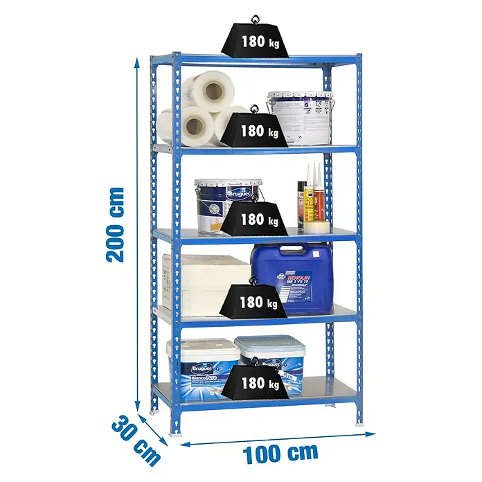 Simonrack Simonclick Metallregal Simonclick Plus - H x B x T: 200 x 100 x 30 cm, Traglast pro Boden: 180 kg, Anzahl Böden: 5 Stk., Stecken, Blau/Silber - Abbildung eines blauen Schwerlastregals mit fünf Regalböden, die jeweils mit Gewichten und verschiedenen Artikeln beladen sind.