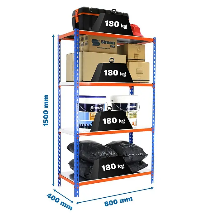 Simonrack Simonclick Metallregal Simonclick Mini - H x B x T: 150 x 80 x 40 cm, Traglast pro Boden: 180 kg, Anzahl Böden: 4 Stk., Stecken, Blau/Orange/Silber - Dieses Bild zeigt ein belastbares Schwerlastregal mit vier Ebenen, voll beladen mit Werkzeugkisten, Kartons, Farbeimern und Säcken.