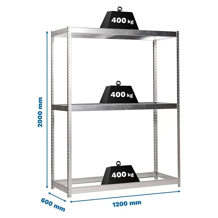 Simonrack Ecoforte Estantería para cargas pesadas Metal - Al x An x Pr: 200 x 120 x 60 cm, Número de baldas: 3 ud., Inserción, Galvanizado, Capacidad de carga por balda: 400 kg, Bandejas no incluidas - Estantería metálica galvanizada con 3 estantes, 400 kg de carga por estante. Dimensiones: Al 2000, An 1200, Pr 600 mm.