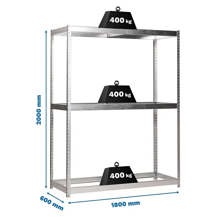 Simonrack Ecoforte Estantería para cargas pesadas Metal - Al x An x Pr: 200 x 180 x 60 cm, Número de baldas: 3 ud., Inserción, Galvanizado, Capacidad de carga por balda: 400 kg, Bandejas no incluidas - Estantería metálica galvanizada de 3 baldas, 2000x1800x600 mm, cada una soporta 400 kg.