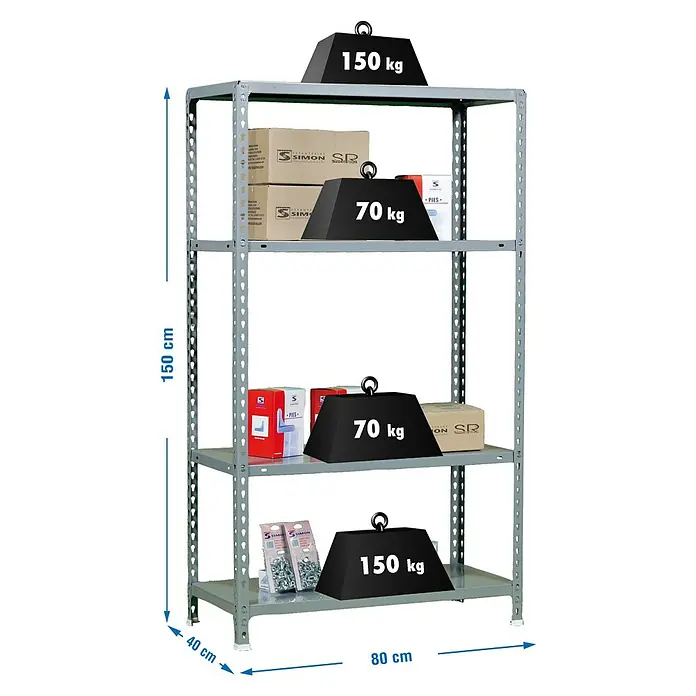 Simonrack Simonclick Estantería metálica Ecoclick Mini - Al x An x Pr: 150 x 80 x 40 cm, Capacidad de carga por balda: 70 kg, Número de baldas: 4 ud., Inserción, Gris - Estantería metálica gris con 4 baldas. Medidas: 150 cm Al x 80 cm An x 40 cm P. Las baldas superior e inferior soportan 150 kg, las intermedias 70 kg.