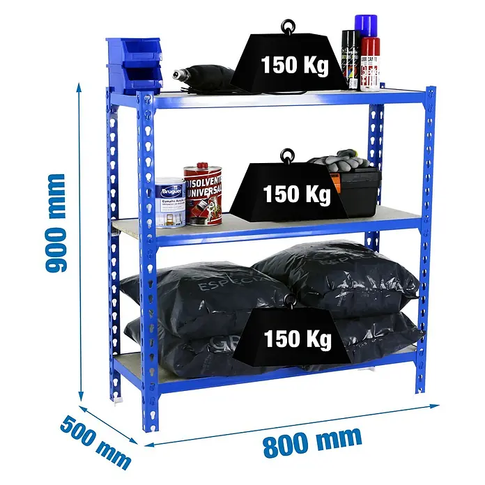 Simonrack Maderclick Metallregal Maderclick Mini - H x B x T: 90 x 80 x 50 cm, Traglast pro Boden: 150 kg, Anzahl Böden: 3 Stk., Stecken, Blau - Ansicht eines blauen Metallregals mit drei Ablagen, belastet mit verschiedenen Artikeln und Gewichten, mit Maßangaben.