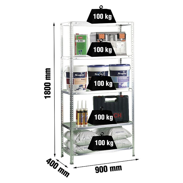 Simonrack Simonclassic Metallregal (L x B x H: 40 x 90 x 180 cm, Traglast: 100 kg/Boden, Anzahl Böden: 5 Stk., Silber)
