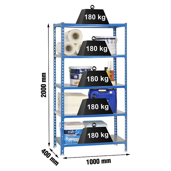 Simonrack Simonclick Metallregal (L x B x H: 40 x 100 x 200 cm, Traglast: 180 kg/Boden, Anzahl Böden: 5 Stk., Blau)