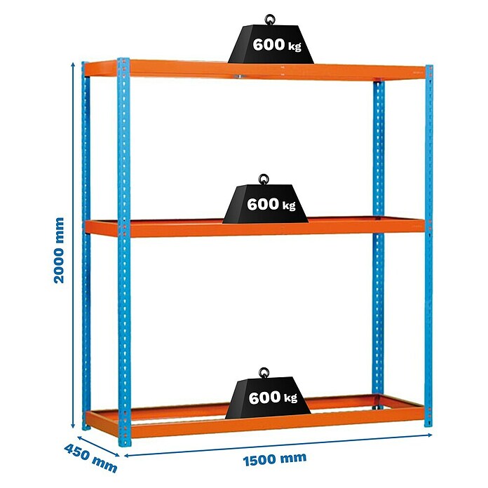 Simonrack Simontaller Metall-Schwerlastregal (L x B x H: 45 x 150 x 200 cm, Traglast: 600 kg/Boden, Anzahl Böden: 3 Stk., Blau/Orange)