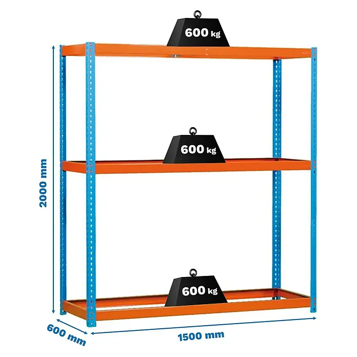 Simonrack Simonforte Estantería para cargas pesadas - Al x An x Pr: 200 x 150 x 60 cm, Número de baldas: 3 ud., Inserción, Azul/Naranja, Capacidad de carga por balda: 600 kg - Estantería industrial azul y naranja de 3 niveles, 2000x1500x600 mm, con capacidad de 600 kg por balda.