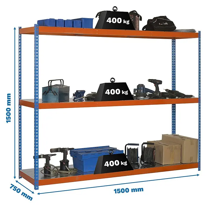 Simonrack Ecoforte Metallregal Ecoforte Metall - H x B x T: 150 x 150 x 75 cm, Traglast pro Boden: 400 kg, Anzahl Böden: 3 Stk., Stecken, Blau/Orange - Abbildung eines belastbaren Lagerregals mit drei Ebenen und einer maximalen Tragkraft von 400 kg pro Ebene.