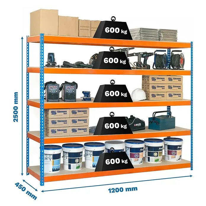 Simonrack Simonforte Schwerlastregal Simonforte Chipboard - H x B x T: 250 x 120 x 45 cm, Traglast pro Boden: 600 kg, Anzahl Böden: 5 Stk., Stecken, Blau/Orange - Abbildung eines Schwerlastregals mit fünf Ebenen zur Lagerung von Materialien und Werkzeugen, wobei jede Ebene bis zu 600 kg tragen kann.