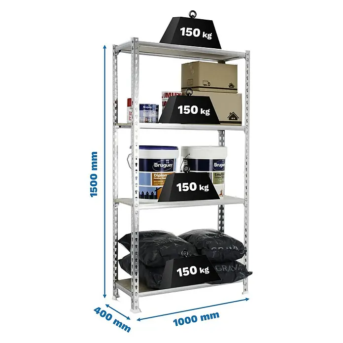 Simonrack Maderclick Metallregal Maderclick Plus - H x B x T: 150 x 100 x 40 cm, Traglast pro Boden: 150 kg, Anzahl Böden: 4 Stk., Stecken, Silber - Ein Regal mit vier Ebenen, jede Ebene ist mit einem Gewicht von 150 kg und verschiedenen Artikeln wie Farbe und Kartons belastet.