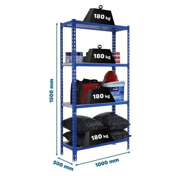 Simonrack Simonclick Metallregal Simonclick Plus - H x B x T: 150 x 100 x 50 cm, Traglast pro Boden: 180 kg, Anzahl Böden: 4 Stk., Stecken, Blau/Silber - Blaues Schwerlastregal mit fünf Regalböden, beladen mit Farbeimern, Sandsäcken und einer Schweissmaschine. Die Abmessungen sind angegeben.