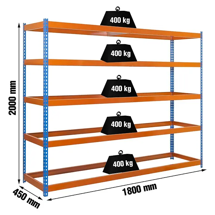 Simonrack Ecoforte Estantería para cargas pesadas Metal - Al x An x Pr: 200 x 180 x 45 cm, Número de baldas: 5 ud., Inserción, Azul/Naranja, Capacidad de carga por balda: 400 kg, Bandejas no incluidas - Estantería de alta resistencia con montantes azules y vigas naranjas, 2000x1800x450mm. Cada uno de los 5 estantes soporta 400 kg.