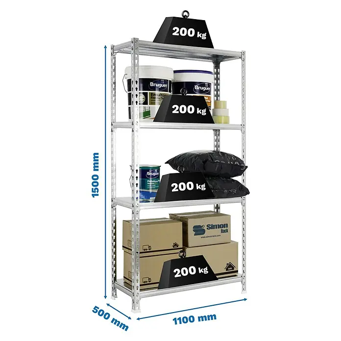 Simonrack Simonclick Metallregal Simonclick Super Plus - H x B x T: 150 x 110 x 50 cm, Traglast pro Boden: 200 kg, Anzahl Böden: 4 Stk., Stecken, Silber/Silber - Produktfoto eines Regals mit fünf Fächern, das mit Farbdosen, Kissen und Kartons beladen und mit Gewichten beschwert ist.