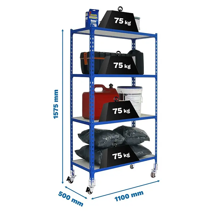 Simonrack Maderclick Estantería metálica Mobile Superplus - Al x An x Pr: 150 x 110 x 50 cm, Número de baldas: 4 ud., Inserción, Azul - Estantería metálica azul de 4 baldas con ruedas, 1575x1100x500mm. Cada balda soporta 75kg.