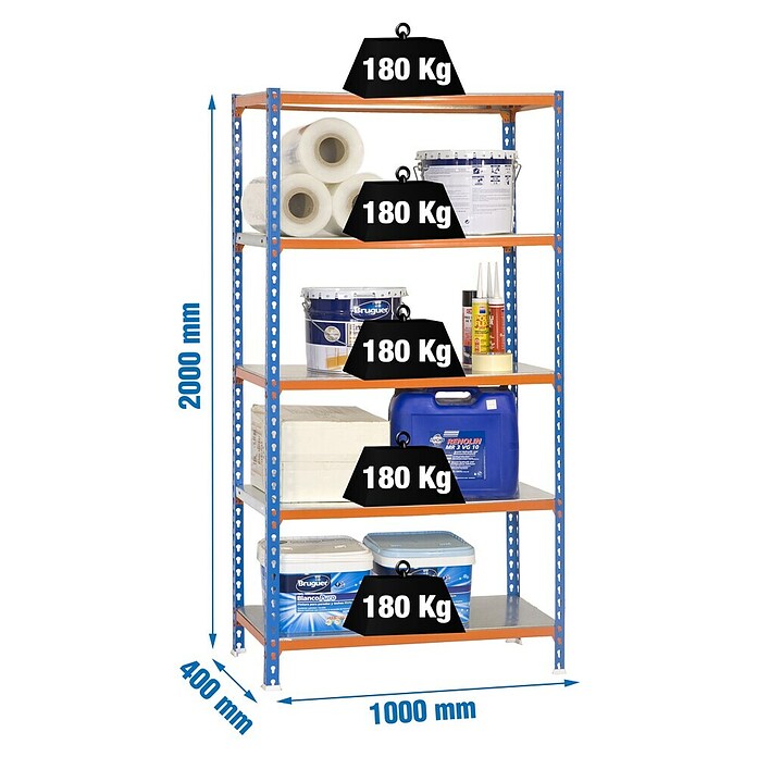 Simonrack Simonclick Metallregal (L x B x H: 40 x 100 x 200 cm, Traglast: 180 kg/Boden, Anzahl Böden: 5 Stk., Blau/Orange)