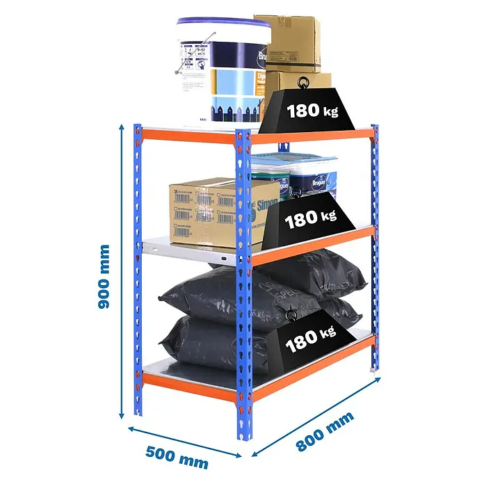 Simonrack Simonclick Metallregal Simonclick Mini - H x B x T: 90 x 80 x 50 cm, Traglast pro Boden: 180 kg, Anzahl Böden: 3 Stk., Stecken, Blau/Orange/Silber - Abbildung eines Schwerlastregals mit vier Ebenen und einer Gesamtbelastung von 540 kg, ideal für Lagerung und Organisation.