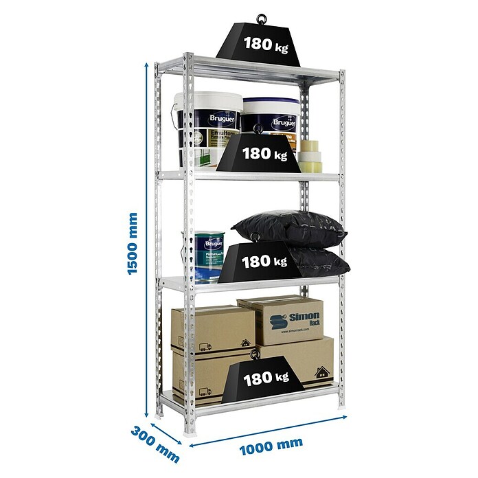 Simonrack Simonclick Estantería metálica Plus (Al x An x Pr: 150 x 100 x 30 cm, Capacidad de carga por balda: 180 kg, Número de baldas: 4 ud., Inserción, Galvanizado) | BAUHAUS