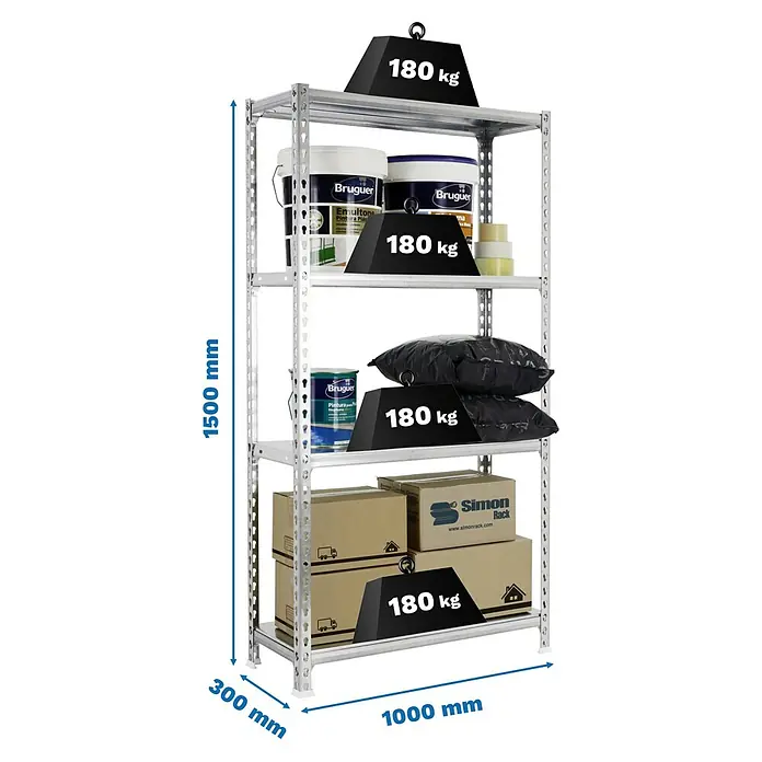 Simonrack Simonclick Metallregal Simonclick Plus - H x B x T: 150 x 100 x 30 cm, Traglast pro Boden: 180 kg, Anzahl Böden: 4 Stk., Stecken, Silber/Silber - Bild eines Schwerlastregals mit fünf Ebenen, beladen mit Farbeimern, Kisten und Gewichten zur Demonstration der Tragfähigkeit.