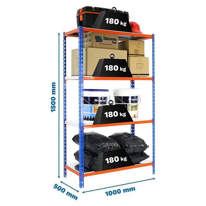 Simonrack Simonclick Metallregal Simonclick Plus - H x B x T: 150 x 100 x 50 cm, Traglast pro Boden: 180 kg, Anzahl Böden: 4 Stk., Stecken, Blau/Orange/Silber - Abbildung eines Schwerlastregals mit vier Ebenen, beladen mit Werkzeugkasten, Kartons, Farbeimern und Säcken, mit Gewichtsangabe.