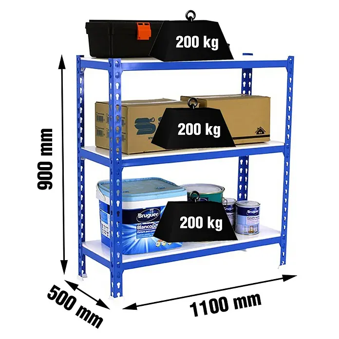 Simonrack Simonclick Metallregal Simonclick Super Plus - H x B x T: 90 x 110 x 50 cm, Traglast pro Boden: 200 kg, Anzahl Böden: 3 Stk., Stecken, Blau/Weiß - Regal mit drei Ebenen in Blau und Weiß, mit Werkzeugkasten, Kartons und Farbeimern beladen. Abmessungen: 900 mm hoch, 500 mm tief, 1100 mm breit.