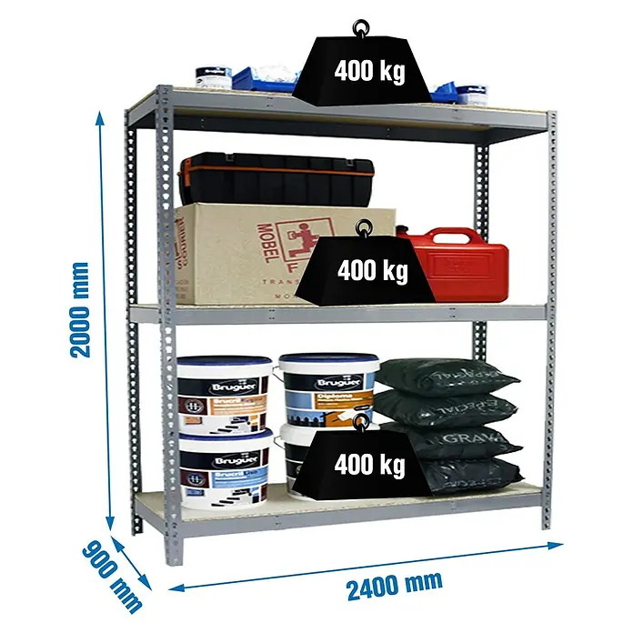 Simonrack Simonforte Schwerlastregal Simonforte Chipboard - H x B x T: 200 x 240 x 90 cm, Traglast pro Boden: 400 kg, Anzahl Böden: 3 Stk., Stecken, Grau - Abbildung eines Schwerlastregals mit drei Ebenen, beladen mit diversen Gegenständen und Gewichtsangaben.