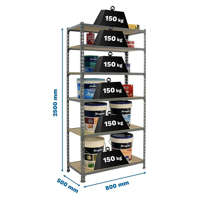 Simonrack Maderclick Metallregal Maderclick Mini - H x B x T: 250 x 80 x 50 cm, Traglast pro Boden: 150 kg, Anzahl Böden: 6 Stk., Stecken, Grau - Produktabbildung eines Regals, gefüllt mit Farbeimern, wobei jedes Fach zusätzlich mit einem Gewicht von 150 kg belastet ist.