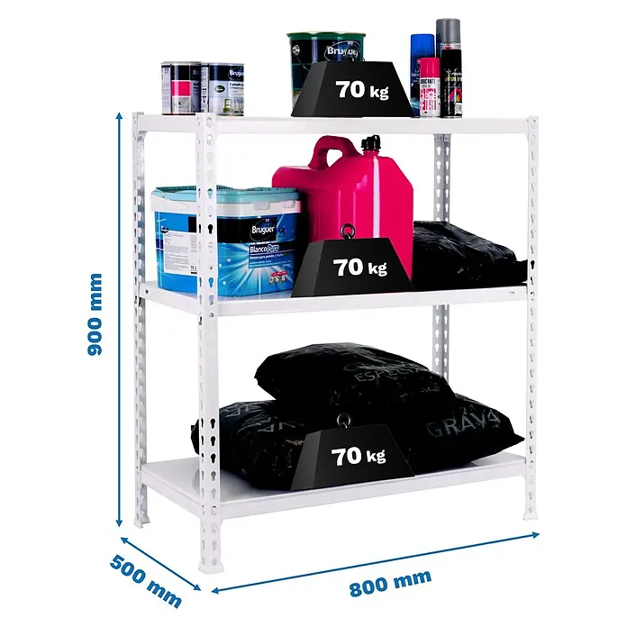 Simonrack Simonclick Metallregal Ecoclick Mini - H x B x T: 90 x 80 x 50 cm, Traglast pro Boden: 70 kg, Anzahl Böden: 3 Stk., Stecken, Weiß - Abbildung eines beladenen, dreistöckigen Lagerregals mit Farbdosen, Kanistern und Sandsäcken, das die Tragfähigkeit des Regals demonstriert.