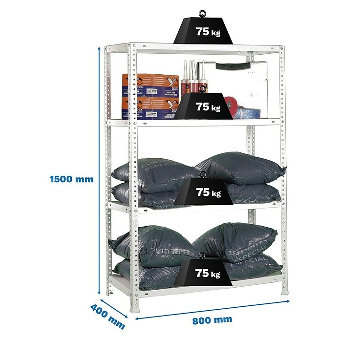 Simonrack Simonclassic Estantería metálica Advantage Mini (Al x An x Pr: 150 x 80 x 40 cm, Capacidad de carga por balda: 75 kg, Número de baldas: 4 ud., Atornillado, Blanco) | BAUHAUS