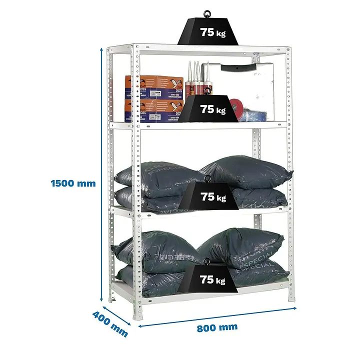 Simonrack Simonclassic Metallregal Advantage Mini - H x B x T: 150 x 80 x 40 cm, Traglast pro Boden: 75 kg, Anzahl Böden: 4 Stk., Schrauben, Weiß - Abbildung eines Schwerlastregals mit vier Ebenen, beladen mit verschiedenen Artikeln und Gewichtskennzeichnungen.