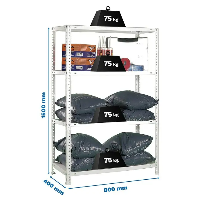 Simonrack Simonclassic Metallregal Advantage Mini - H x B x T: 150 x 80 x 40 cm, Traglast pro Boden: 75 kg, Anzahl Böden: 4 Stk., Schrauben, Silber - Bild eines beladenen Metallregals mit vier Ebenen, wobei das Gesamtgewicht auf jeder Ebene durch Gewichte von 75 kg angezeigt wird.
