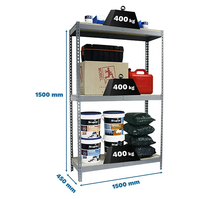 Simonrack Simontaller Schwerlastregal Ecoforte Chipboard - H x B x T: 150 x 150 x 45 cm, Traglast pro Boden: 400 kg, Anzahl Böden: 3 Stk., Stecken, Grau - Regal mit drei Ebenen, beladen mit Werkzeugkasten, Farbeimern und Säcken, wobei jede Ebene mit 400 kg Gewicht belastet ist.