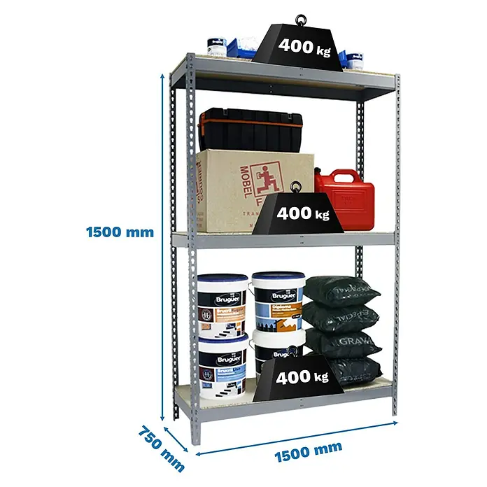 Simonrack Simontaller Schwerlastregal Ecoforte Chipboard - H x B x T: 150 x 150 x 75 cm, Traglast pro Boden: 400 kg, Anzahl Böden: 3 Stk., Stecken, Grau - Ein dreistufiges Lagerregal, beladen mit verschiedenen Artikeln und jeweils mit 400 kg Gewicht auf jeder Ebene zur Stabilitätsprüfung.