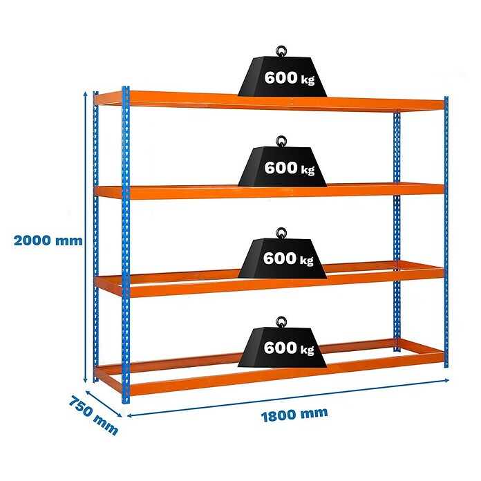 Simonrack Simonforte Estantería para cargas pesadas (Al x An x Pr: 200 x 180 x 75 cm, Número de baldas: 4 ud., Inserción, Azul/Naranja, Capacidad de carga por balda: 600 kg) | BAUHAUS