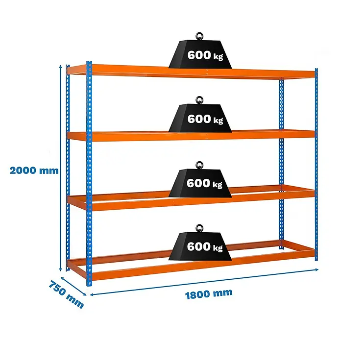 Simonrack Simonforte Estantería para cargas pesadas - Al x An x Pr: 200 x 180 x 75 cm, Número de baldas: 4 ud., Inserción, Azul/Naranja, Capacidad de carga por balda: 600 kg - Estantería metálica azul y naranja con cuatro estantes, cada uno con un peso de 600 kg. Medidas: H 2000 mm, P 750 mm, A 1800 mm.