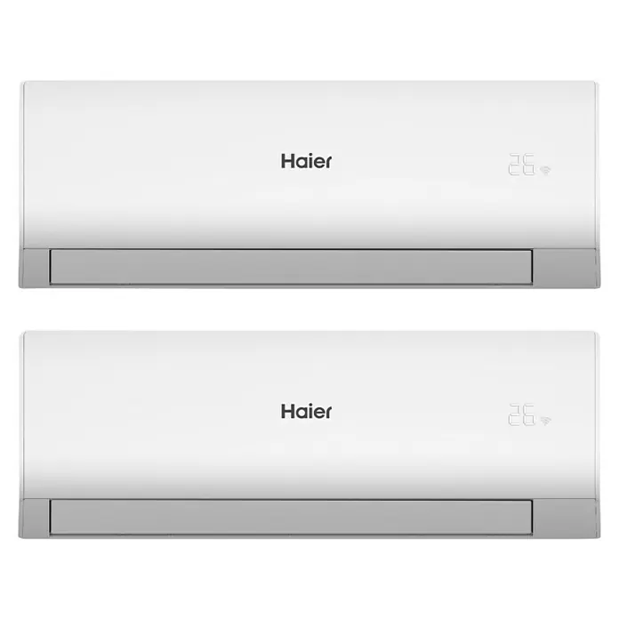 Haier Aire acondicionado Inverter 2x1 Tide-R - 3.400 W, 2.800 W, 20 m², Blanco - Dos aparatos de aire acondicionado blancos Haier apilados uno encima del otro. Los aires acondicionados tienen diseño elegante y pantalla de temp.