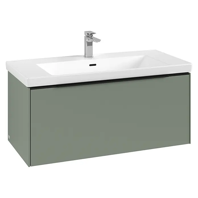 Villeroy & Boch Subway 3.0 Waschbeckenunterschrank - Soft Green, Anzahl Schubladen: 1 Stk., Farbe Griff: Volcano Black, B x T x H: 97,3 x 47,8 x 42,9 cm, Mit Beleuchtung - Wandhängender Waschtischunterschrank mit weißem Waschbecken, Chromarmatur und mattgrünem Schrank.