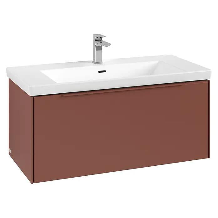 Villeroy & Boch Subway 3.0 Waschbeckenunterschrank - Wine Red, Anzahl Schubladen: 1 Stk., Farbe Griff: Monochrom, B x T x H: 97,3 x 47,8 x 42,9 cm, Mit Beleuchtung - Rotbrauner Waschtischunterschrank mit weißem Einbauwaschbecken und Chromarmatur.