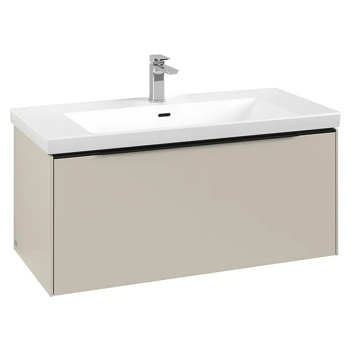 Villeroy & Boch Subway 3.0 Waschbeckenunterschrank - Cashmere Grey, Anzahl Schubladen: 1 Stk., Farbe Griff: Volcano Black, B x T x H: 97,3 x 47,8 x 42,9 cm, Mit Beleuchtung - Moderner Badunterschrank mit weißem Keramikwaschbecken, Chromarmatur und beigem Wandschrank.