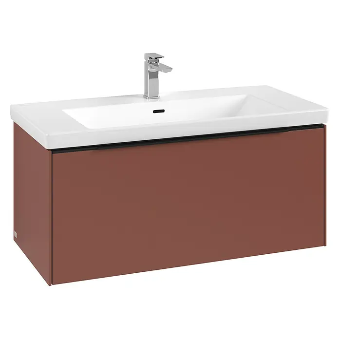 Villeroy & Boch Subway 3.0 Waschbeckenunterschrank - Wine Red, Anzahl Schubladen: 1 Stk., Farbe Griff: Volcano Black, B x T x H: 97,3 x 47,8 x 42,9 cm, Mit Beleuchtung - Rotbrauner wandmontierter Waschtischunterschrank mit weißem Keramikwaschbecken und Chromarmatur.