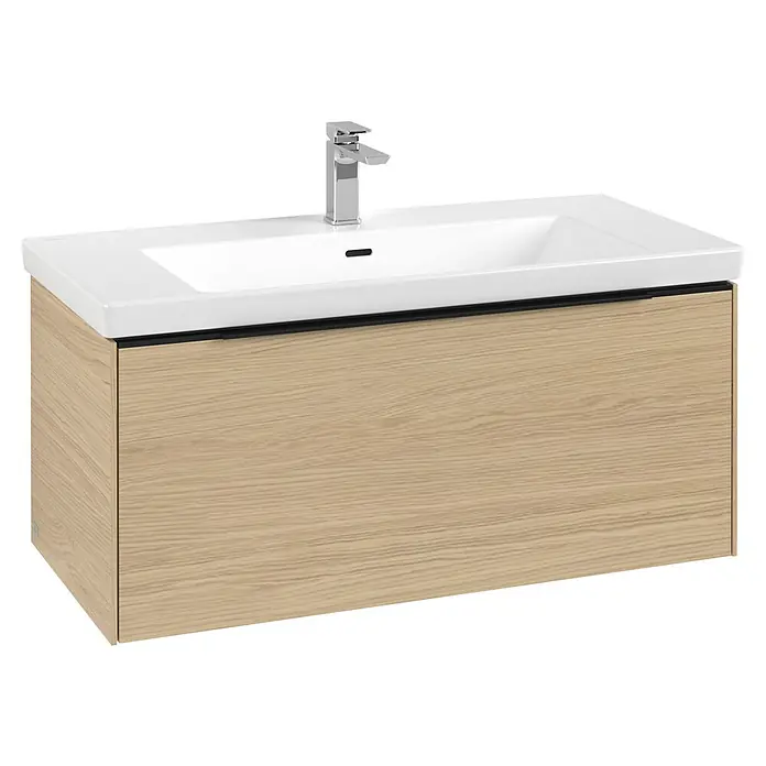 Villeroy & Boch Subway 3.0 Waschbeckenunterschrank - Nordik Oak, Anzahl Schubladen: 1 Stk., Farbe Griff: Volcano Black, B x T x H: 97,3 x 47,8 x 42,9 cm, Mit Beleuchtung - Moderner Badunterschrank mit weißem Keramikwaschbecken, Chromarmatur und hellem Holzschrank.