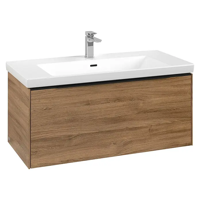 Villeroy & Boch Subway 3.0 Waschbeckenunterschrank - Kansas Oak, Anzahl Schubladen: 1 Stk., Farbe Griff: Volcano Black, B x T x H: 97,3 x 47,8 x 42,9 cm, Mit Beleuchtung - Moderner Badwaschtisch mit weißem Waschbecken, Chromarmatur und braunem Holzunterschrank.