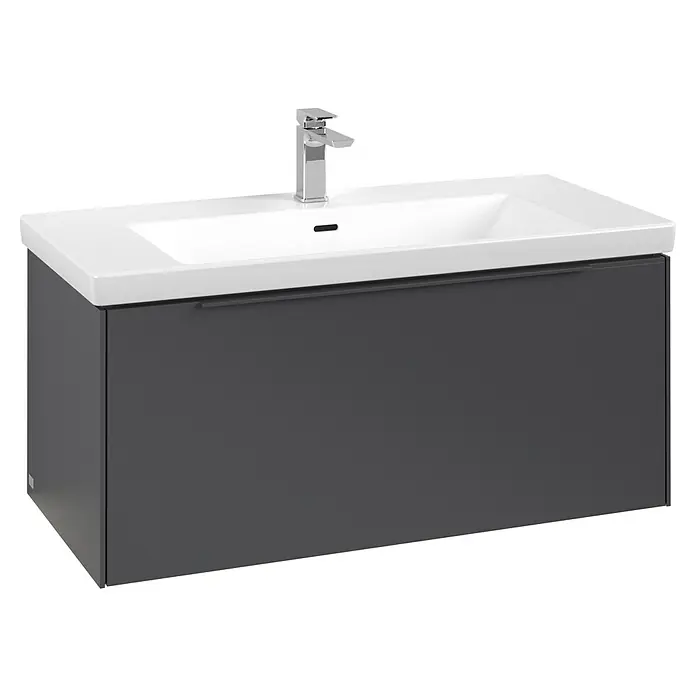 Villeroy & Boch Subway 3.0 Waschbeckenunterschrank - Graphite, Anzahl Schubladen: 1 Stk., Farbe Griff: Monochrom, B x T x H: 97,3 x 47,8 x 42,9 cm, Mit Beleuchtung - Wandhängender dunkelgrauer Badunterschrank mit weißem Keramikwaschbecken und Chromarmatur.