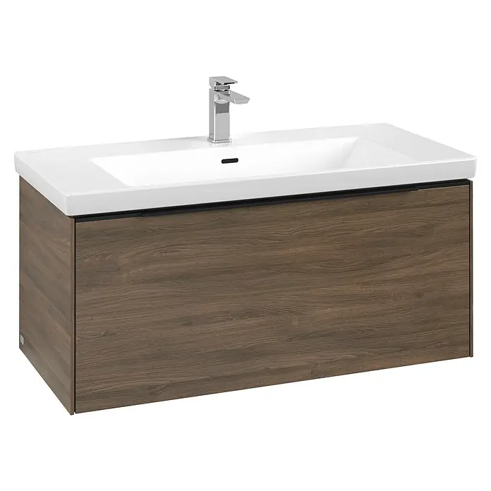 Villeroy & Boch Subway 3.0 Waschbeckenunterschrank - Arizona Oak, Anzahl Schubladen: 1 Stk., Farbe Griff: Volcano Black, B x T x H: 97,3 x 47,8 x 42,9 cm, Mit Beleuchtung - Dunkelbrauner Badunterschrank mit weißem Keramikwaschbecken und Chromarmatur.