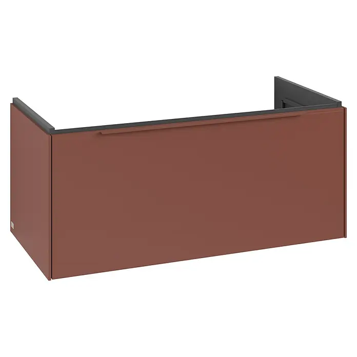 Villeroy & Boch Subway 3.0 Waschbeckenunterschrank - Wine Red, Anzahl Schubladen: 1 Stk., Farbe Griff: Monochrom, B x T x H: 97,3 x 47,8 x 42,9 cm, Mit Beleuchtung - Terrakotta-Wandunterschrank mit dunkelgrauer Platte und integriertem Griff.
