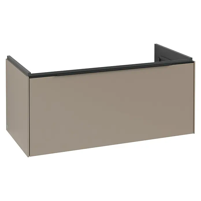 Villeroy & Boch Subway 3.0 Waschbeckenunterschrank - Taupe, Anzahl Schubladen: 1 Stk., Farbe Griff: Volcano Black, B x T x H: 97,3 x 47,8 x 42,9 cm, Mit Beleuchtung - Hellbrauner, wandmontierter Waschtischunterschrank mit dunkelgrauem Griff.